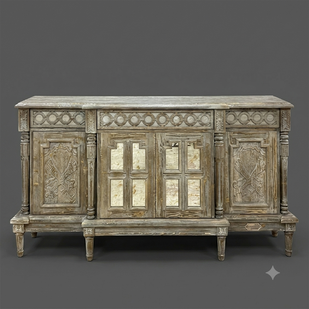 CUSTOM DESIGN CONSOLE - The center doors of the custom-design console will feature antique mirror glass within their frames. Additionally, we kindly request clear, high-resolution images of the detailed wooden carvings on the interior of the doors for our final review.